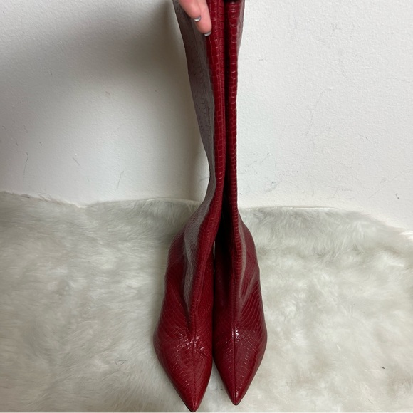 Stuart Weitzman Parton Red Croc Snakeskin Leather Tall Heel Boots - Picture 6 of 14